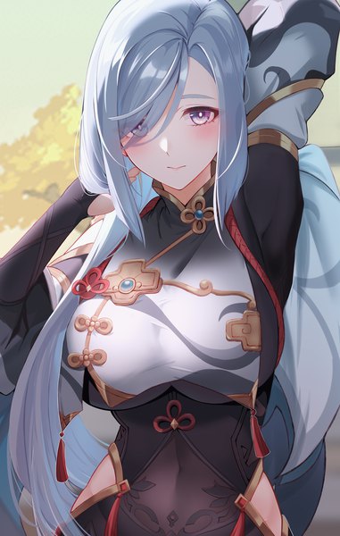Anime picture 1302x2049 with genshin impact shenhe (genshin impact) tyenka7728 single long hair tall image looking at viewer blush fringe breasts large breasts purple eyes silver hair upper body hair over one eye covered navel arm behind head girl tassel