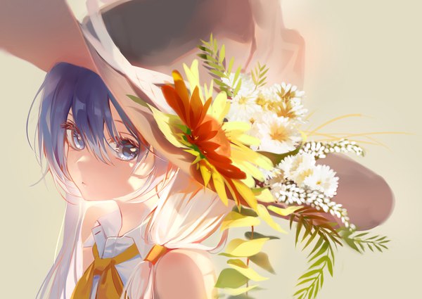 Anime picture 3035x2150 with majo no tabitabi elaina (majo no tabitabi) didtldms0312 single long hair looking at viewer fringe highres blue eyes simple background hair between eyes blue hair absurdres upper body grey background girl flower (flowers) hat witch hat