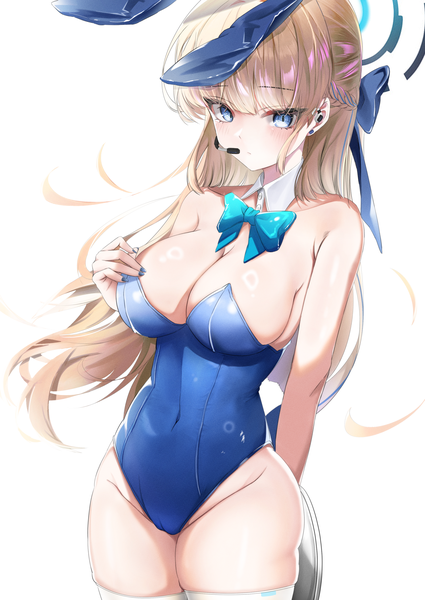 Anime picture 2480x3500 with blue archive toki (blue archive) toki (bunny) (blue archive) muang (muang vrc) single long hair tall image looking at viewer blush fringe highres breasts blue eyes light erotic simple background blonde hair large breasts standing white background bare shoulders