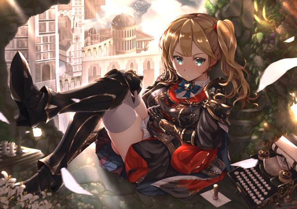 Anime picture 8185x5787 with king's raid chrisha alicia (artist) single long hair looking at viewer blush fringe highres blonde hair green eyes absurdres sky cloud (clouds) zettai ryouiki crossed legs city side ponytail cityscape reclining
