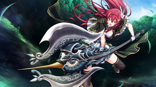 Anime picture 1280x720 with kami no rhapsody eushully lavirie interude single long hair open mouth wide image brown eyes game cg red hair braid (braids) crown braid girl thighhighs dress hair ornament weapon black thighhighs