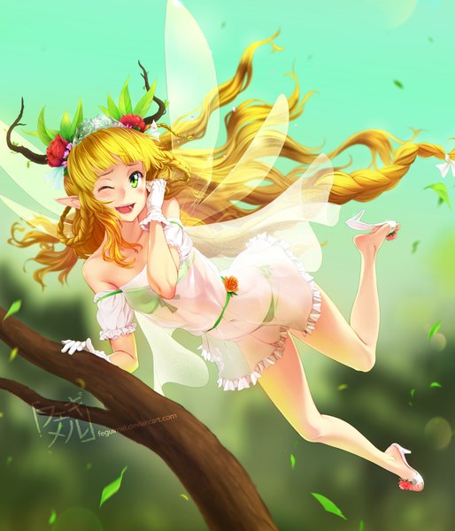 Anime picture 1146x1337 with original feguimel single tall image blush fringe light erotic blonde hair smile green eyes very long hair parted lips one eye closed hair flower pointy ears wink happy fantasy fairy girl