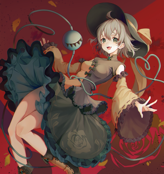 Anime-Bild 1200x1272 mit touhou komeiji koishi minyumim single tall image looking at viewer blush fringe short hair breasts open mouth smile hair between eyes green eyes ahoge bent knee (knees) :d grey hair wide sleeves bare legs