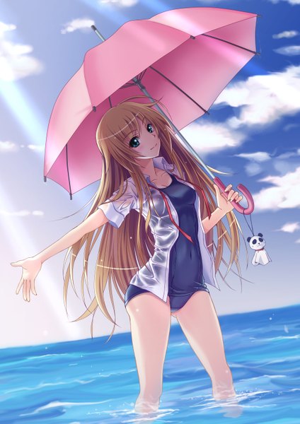 Anime picture 2086x2951 with original testa421 single tall image highres blue eyes blonde hair cloud (clouds) girl swimsuit shirt sea umbrella