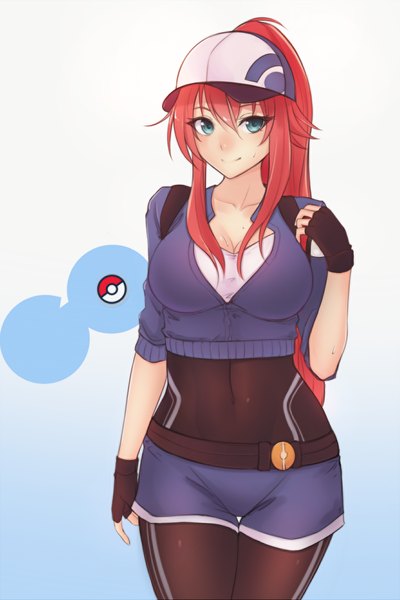 Anime picture 1113x1670 with highschool dxd pokemon pokemon (game) pokemon go nintendo rias gremory female protagonist (pokemon go) bluefield single long hair tall image looking at viewer blush breasts simple background smile large breasts standing payot ponytail