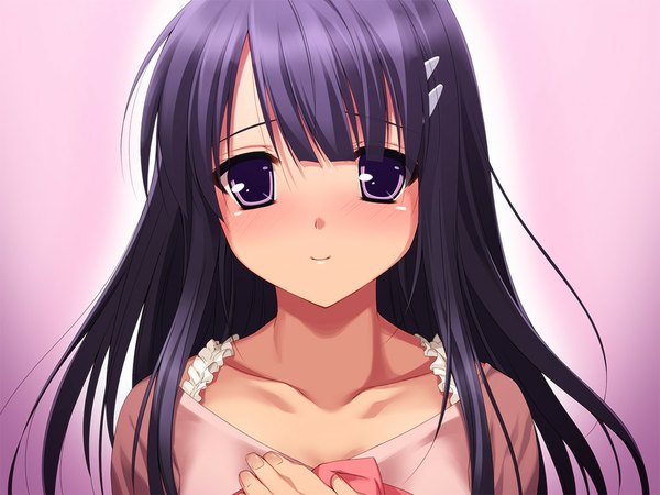 Anime picture 1024x768 with binkan! kanojo (game) long hair blush black hair purple eyes game cg girl