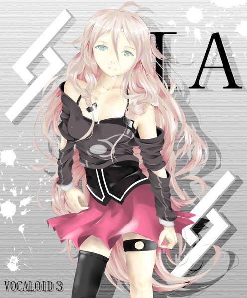 Anime picture 1200x1450 with vocaloid ia (vocaloid) single long hair tall image open mouth blonde hair bare shoulders braid (braids) very long hair aqua eyes twin braids girl thighhighs black thighhighs