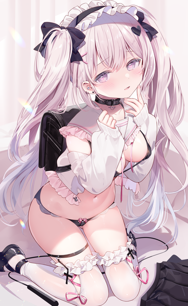 Anime picture 2776x4530 with original ame usari single long hair tall image looking at viewer blush fringe highres breasts open mouth light erotic purple eyes twintails silver hair full body bent knee (knees) long sleeves fingernails arms up