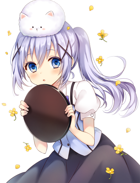 Anime picture 700x914 with gochuumon wa usagi desu ka? white fox kafuu chino tippy (gochiusa) ichinose (sorario) single long hair tall image looking at viewer blush fringe blue eyes simple background hair between eyes white background holding payot purple hair ponytail parted lips