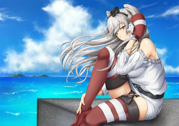 Anime picture 1754x1240 with kantai collection amatsukaze destroyer bol (liliymimi) single long hair blush highres light erotic smile red eyes sitting sky silver hair cloud (clouds) two side up pantyshot girl thighhighs gloves underwear