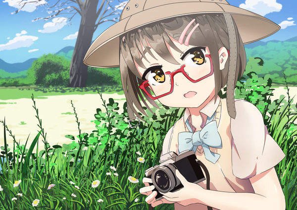 Anime picture 1280x905 with original servachok single fringe short hair open mouth brown hair yellow eyes looking away sky cloud (clouds) depth of field girl uniform flower (flowers) plant (plants) school uniform hat wings tree (trees)