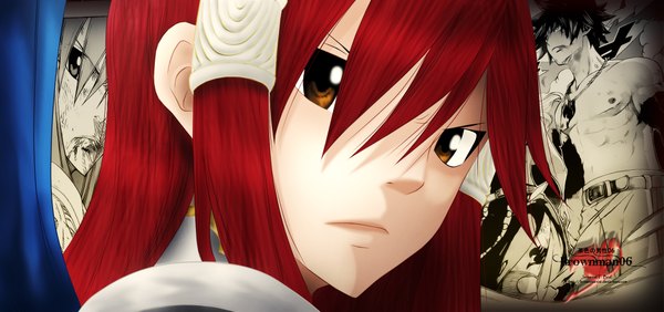Anime picture 2000x942 with fairy tail erza scarlet brownman06 single long hair highres wide image brown eyes red hair coloring close-up face armor