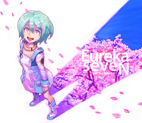 Anime picture 1000x869 with eureka seven studio bones eureka boyaking(sbf) single short hair open mouth simple background white background pink eyes aqua hair inscription shadow cherry blossoms girl dress petals boots