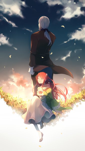 Anime picture 679x1200 with re:zero kara hajimeru isekai seikatsu white fox theresia van astrea wilhelm van astrea ping (0723) long hair tall image smile sitting twintails sky cloud (clouds) white hair ponytail red hair hair flower wind wide sleeves puffy sleeves couple