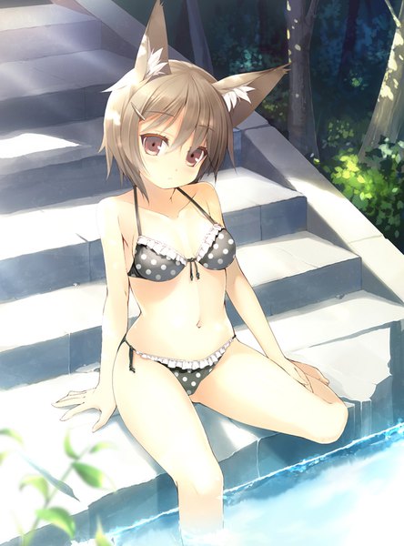 Anime picture 738x996 with original nekomu single tall image looking at viewer fringe short hair light erotic hair between eyes brown hair bare shoulders brown eyes animal ears bent knee (knees) head tilt barefoot sunlight bare legs bare belly depth of field