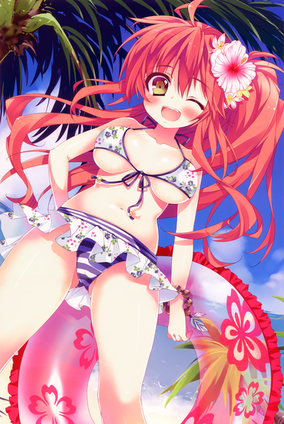 Anime picture 2284x3415 with original anapom single long hair tall image blush highres breasts open mouth light erotic yellow eyes red hair hair flower from below underboob side ponytail girl navel hair ornament swimsuit