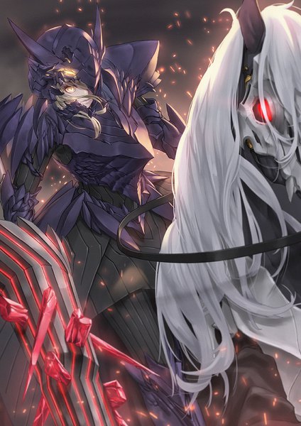 Anime picture 842x1191 with fate (series) fate/grand order artoria pendragon (all) artoria pendragon (lancer alter) whitem (whiteemperor2020) single long hair tall image blonde hair sitting yellow eyes looking away dark background covering eye (eyes) riding girl weapon animal armor armored dress