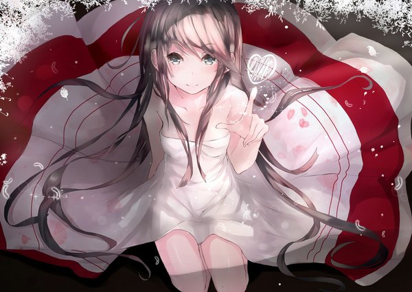 Anime picture 1090x773 with original hadean92 single long hair looking at viewer fringe breasts smile brown hair sitting bare shoulders green eyes girl dress petals
