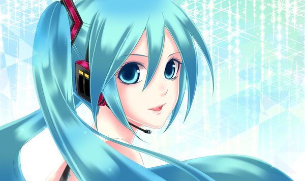 Anime picture 1800x1070 with vocaloid hatsune miku single long hair highres open mouth wide image twintails aqua eyes light smile aqua hair close-up girl headphones