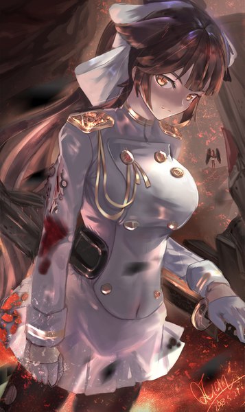 Anime picture 849x1427 with azur lane takao (azur lane) lm520lm520 single long hair tall image looking at viewer fringe breasts black hair standing holding brown eyes signed ponytail long sleeves torn clothes dated slit pupils bloody clothes