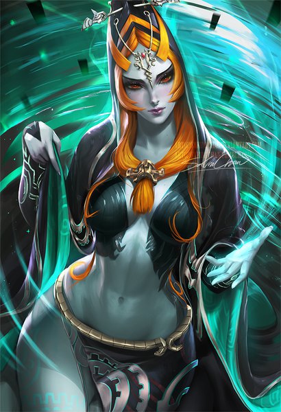 Anime-Bild 684x1000 mit the legend of zelda the legend of zelda: twilight princess nintendo midna midna (true) sakimichan single long hair tall image breasts light erotic red eyes signed long sleeves arm up orange hair realistic mole wide sleeves mole under eye