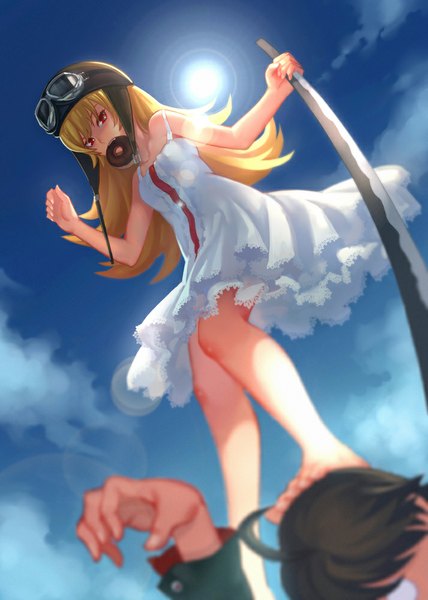 Anime picture 714x1000 with bakemonogatari shaft (studio) monogatari (series) oshino shinobu araragi koyomi catwyz long hair tall image short hair black hair blonde hair red eyes holding sky cloud (clouds) ahoge lying barefoot from below mouth hold