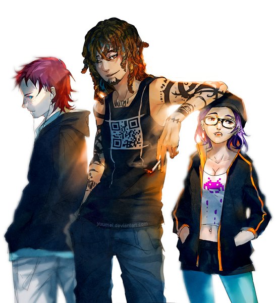 Anime picture 1000x1095 with fisheye placebo yuumei tall image looking at viewer short hair blue eyes simple background brown hair white background yellow eyes looking away purple hair red hair lips multiple boys tattoo piercing hand in pocket smoking punk