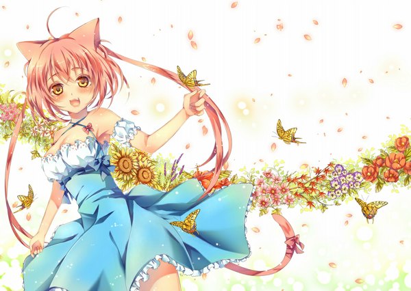 Anime picture 1000x710 with original nemuri nemu single blush short hair open mouth smile animal ears yellow eyes pink hair cleavage animal tail cat ears cat girl cat tail happy girl dress flower (flowers) ribbon (ribbons)