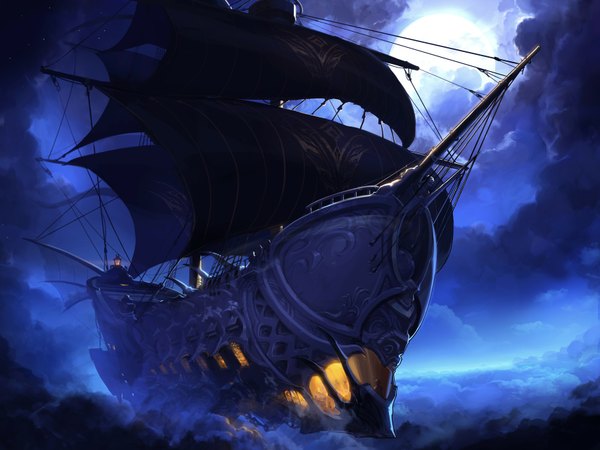 Anime picture 1706x1280 with freemachine (artist) highres cloud (clouds) night night sky moon full moon lantern watercraft people ship sailing-ship