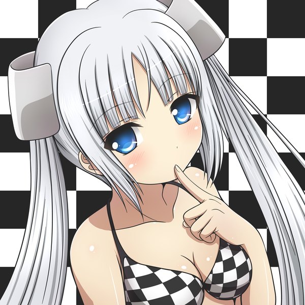 Anime picture 1240x1240 with miss monochrome miss monochrome (character) kk-sk-ray single long hair blush blue eyes light erotic twintails white hair finger to mouth girl hair ornament swimsuit bikini