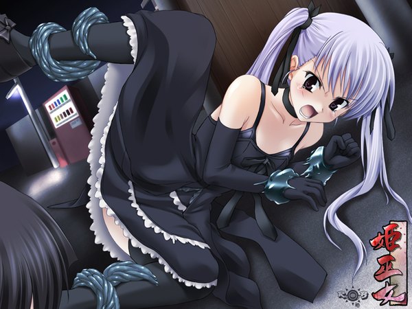 Anime picture 1600x1200 with himemiko (game) ayafumi suzuri asaga aoi long hair blush open mouth light erotic twintails brown eyes purple hair spread legs tears screaming sexually suggestive girl thighhighs dress gloves ribbon (ribbons) black thighhighs