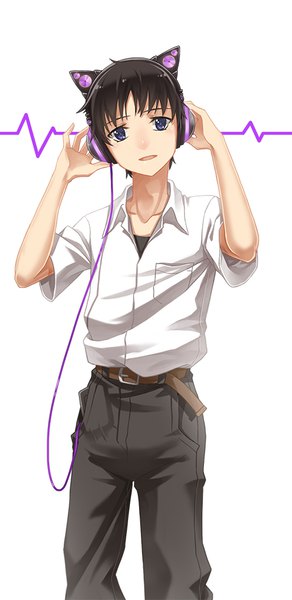 Anime picture 481x988 with neon genesis evangelion gainax axent wear headphones ikari shinji cross akiha single tall image looking at viewer fringe short hair open mouth blue eyes black hair simple background standing white background animal ears cat ears fake animal ears hand on headphones