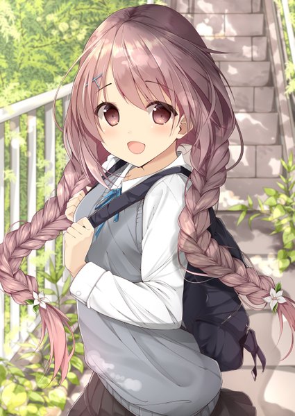 Anime picture 4299x6071 with original shirosei mochi single long hair tall image looking at viewer blush fringe highres open mouth smile brown hair standing brown eyes absurdres braid (braids) :d pleated skirt hair flower twin braids