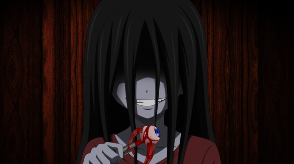 Anime picture 1600x894 with corpse party sachiko (corpse party) flowerinhell single long hair blue eyes black hair simple background wide image grin face pale skin hair over eyes girl eyeball scissors
