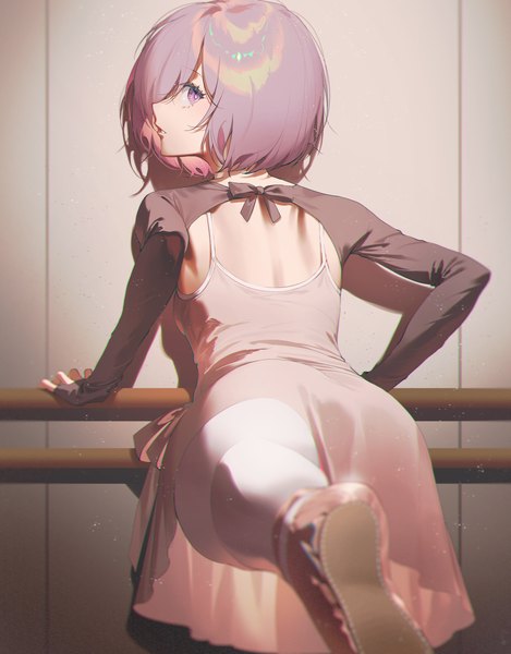 Anime picture 2500x3200 with fate (series) fate/grand order mash kyrielight fajyobore single tall image looking at viewer fringe highres short hair light erotic standing pink hair indoors long sleeves parted lips profile pink eyes looking back from behind