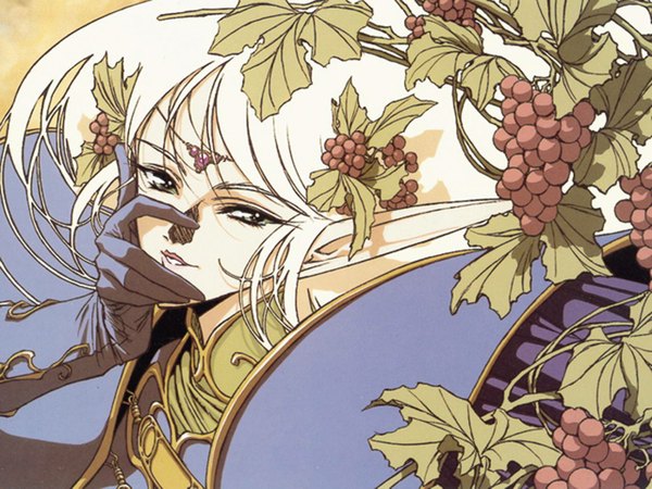 Anime picture 1500x1125 with record of lodoss war deedlit blonde hair pointy ears official art grey eyes elf gloves flower (flowers) food berry (berries) grapes izubuchi yutaka