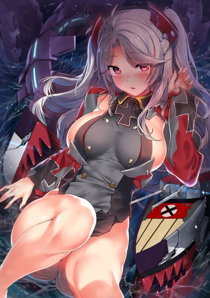 Anime picture 1416x2006 with azur lane prinz eugen (azur lane) kawai (purplrpouni) single long hair tall image looking at viewer blush fringe breasts light erotic red eyes large breasts silver hair ahoge bent knee (knees) lying head tilt multicolored hair mole