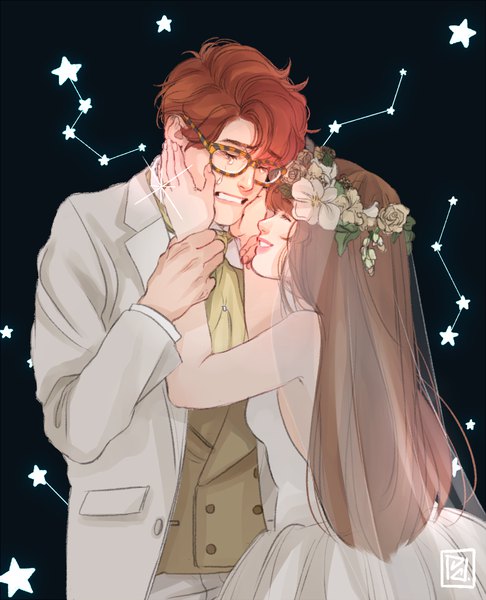 Anime picture 900x1111 with mystic messenger 707 (mystic messenger) protagonist (mystic messenger) mhai long hair tall image short hair smile brown hair eyes closed couple tears holding hands black background face to face crying clenched teeth hand on another's face constellation girl