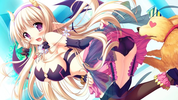 Anime picture 1280x720 with magical marriage lunatics!! yuria rin road yamakaze ran long hair blush breasts open mouth light erotic blonde hair wide image large breasts purple eyes game cg horn (horns) pointy ears girl thighhighs underwear panties black thighhighs