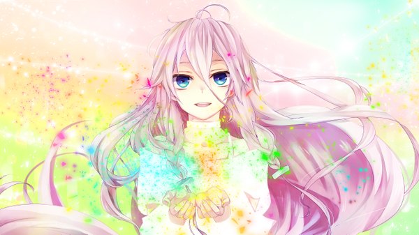Anime picture 2592x1458 with vocaloid ia (vocaloid) tomozero single long hair looking at viewer highres open mouth blue eyes smile wide image pink hair braid (braids) twin braids outstretched arm shiny girl