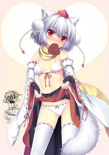 Anime picture 2480x3507 with touhou shameimaru aya inubashiri momiji langlong tall image blush highres short hair light erotic red eyes bare shoulders animal ears silver hair animal tail mouth hold skirt lift valentine girl thighhighs underwear