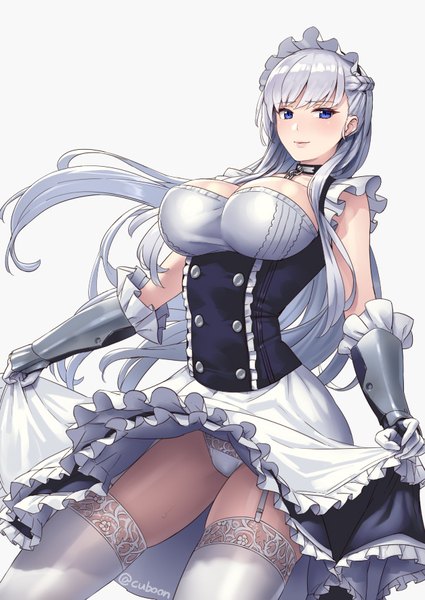 Anime picture 627x885 with azur lane belfast (azur lane) mismi single long hair tall image looking at viewer blush fringe breasts blue eyes light erotic simple background large breasts standing white background holding signed white hair braid (braids)