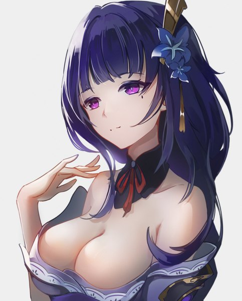 Anime picture 2348x2917 with genshin impact raiden shogun spica-sh single long hair tall image highres breasts light erotic simple background large breasts purple eyes looking away cleavage purple hair upper body grey background mole mole under eye girl