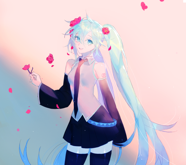 Anime picture 1000x886 with vocaloid hatsune miku killdo single looking at viewer fringe simple background hair between eyes twintails very long hair hair flower aqua eyes aqua hair zettai ryouiki girl thighhighs skirt flower (flowers) black thighhighs detached sleeves