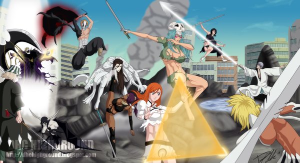 Anime picture 1500x818 with bleach studio pierrot kurosaki ichigo kuchiki rukia inoue orihime ulquiorra schiffer shihouin yoruichi ichimaru gin aizen sousuke tia harribel urahara kisuke baraggan luisenbarn light erotic wide image city magic smoke group ruins battle