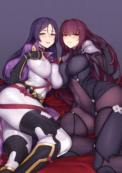Anime-Bild 843x1192 mit fate (series) fate/grand order scathach (fate) (all) scathach (fate) minamoto no raikou (fate) evan yang long hair tall image looking at viewer blush fringe breasts blue eyes light erotic simple background smile hair between eyes red eyes multiple girls purple hair