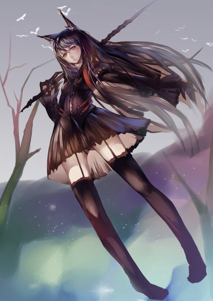 Anime picture 2480x3507 with original pixiv fantasia pixiv fantasia fallen kings mou kankan (tims1111) single long hair tall image looking at viewer fringe highres light erotic black hair red eyes standing animal ears tail animal tail wind cat ears cat tail