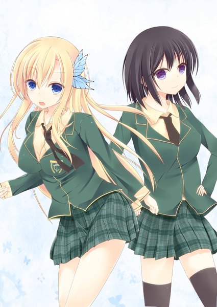 Anime picture 2507x3541 with boku wa tomodachi ga sukunai kashiwazaki sena mikazuki yozora long hair tall image highres short hair blue eyes black hair blonde hair purple eyes multiple girls zettai ryouiki girl thighhighs skirt uniform hair ornament black thighhighs 2 girls