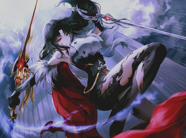 Anime picture 2950x2200 with original danah single long hair looking at viewer fringe highres breasts black hair smile red eyes large breasts holding cloud (clouds) bent knee (knees) outdoors parted lips multicolored hair wind two-tone hair