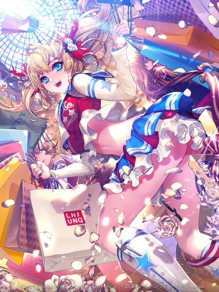 Anime picture 1600x2133 with furyou michi ~gang road~ uniqlo xaxak long hair tall image looking at viewer open mouth blue eyes light erotic blonde hair twintails official art brand name imitation girl skirt hair ornament flower (flowers) miniskirt petals boots